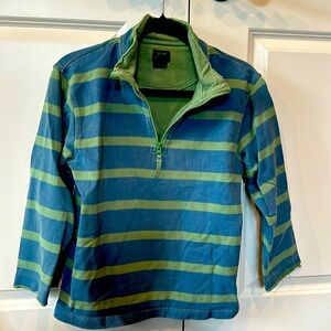 Mini-Boden boys classic quarter zip pull over. In  blue and green striped.